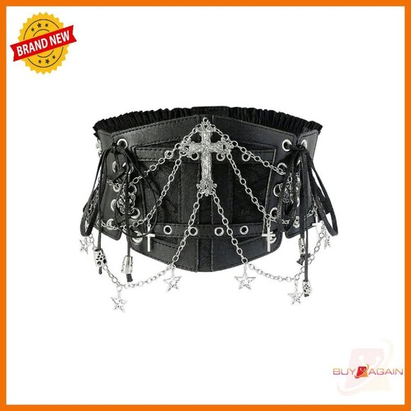 Faux Leather Corset Belt with Chain Cross Lace Up Elastic Waist main image 5